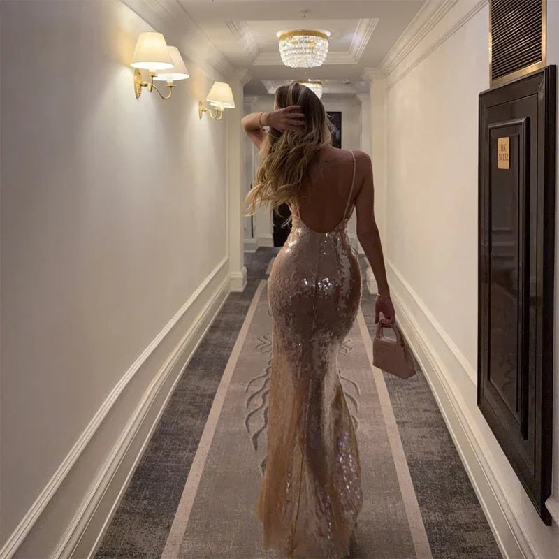 Sequin Deep V-neck Long Dress Women Chic Sleeveless Spaghetti Strap Backless Mermaid Robes Lady Sexy Evening New Party Dresses
