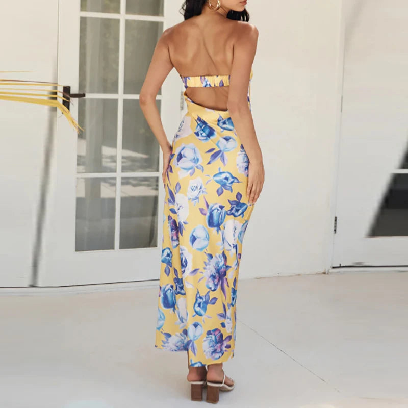 Floral Print backless vacation dress