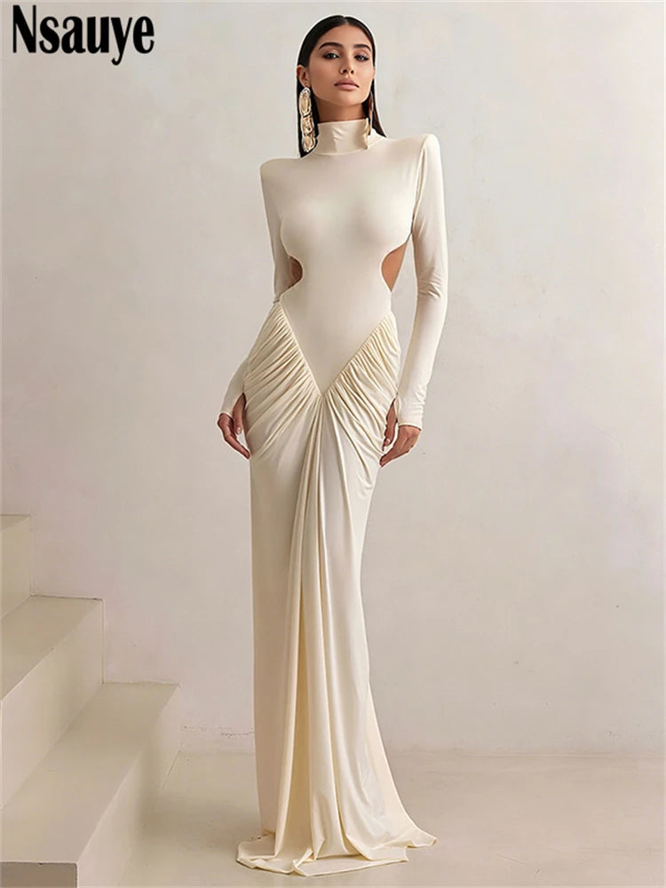 Nsauye Fashion Elegant Long Sleeve Pullover Sexy Long Sleeve Club Evening Party Maxi Dress Women Turtleneck 2025 Cut Out Dress - Shellss