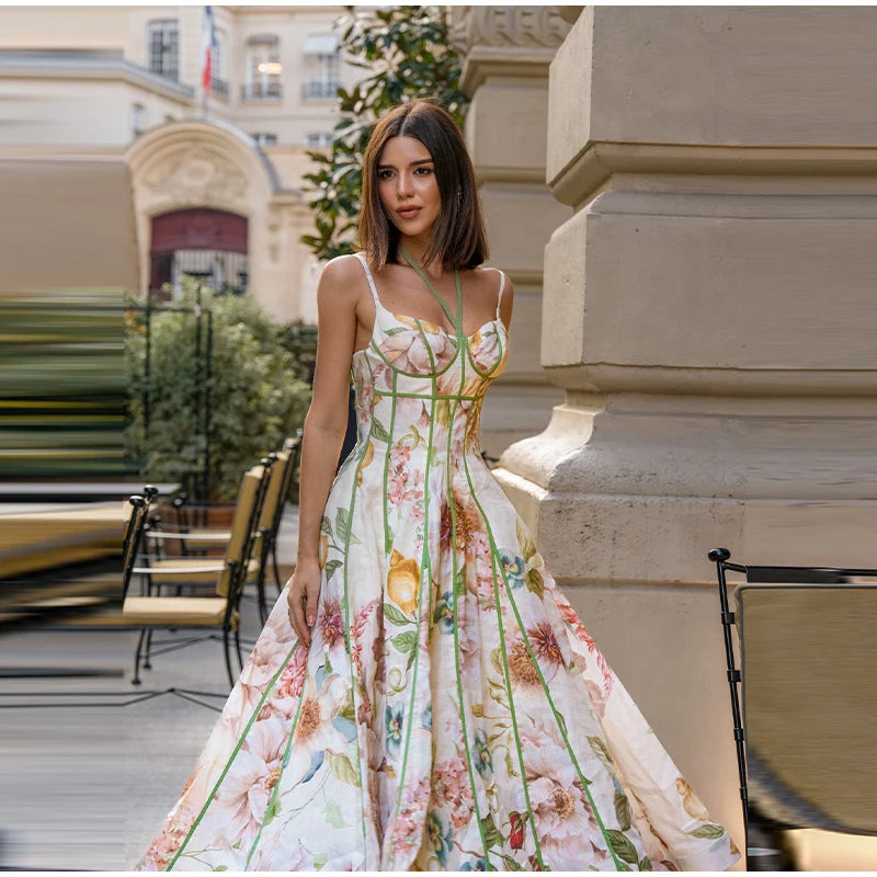 Women's Floral Print Linen Blend Maxi Dress Sweetheart Neckline Sleeveless Panelled Form With Contrast Floral Print