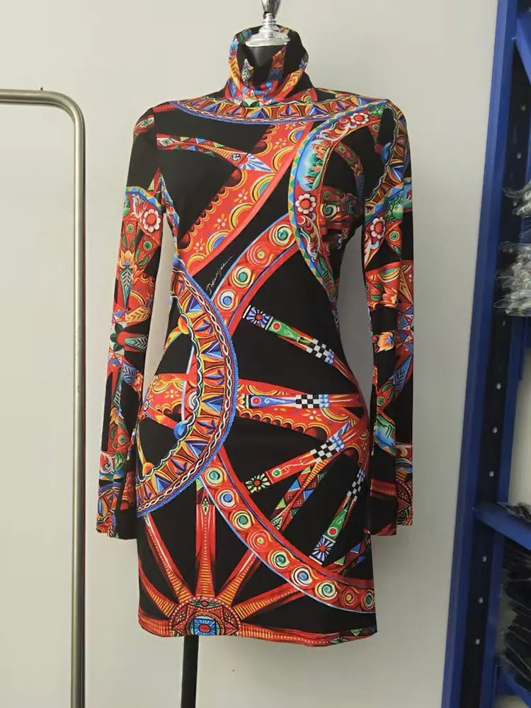 Retro Color Wheel Print High-Neck Long-Sleeve Slim Fit Mini Dress for Women Autumn Elastic Waist Holiday Banquet Temperament Dre - Shellss