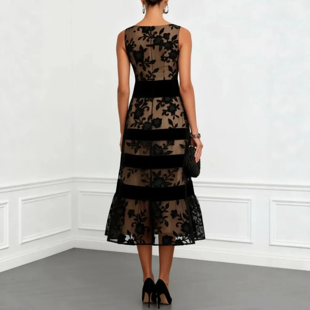 2026 Black Mesh Maxi Dress Women Sleeveless Flocking Jacquard Splicing Slim Dress Y2K Slim Fits High Waist Dress Vestidos