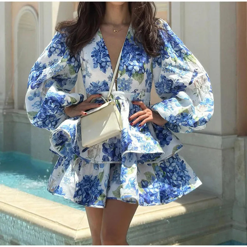 Women Elegant Floral Print V-neck Ruffle Mini Dress