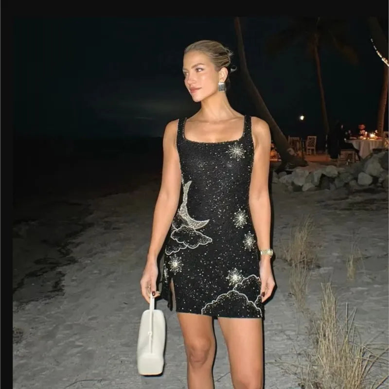 Sexy Shining 3d Printed Party Dress Women Slim Halter Side Split Square Mini Dresses Female Sleeveless Backless Chic Lady Gowns
