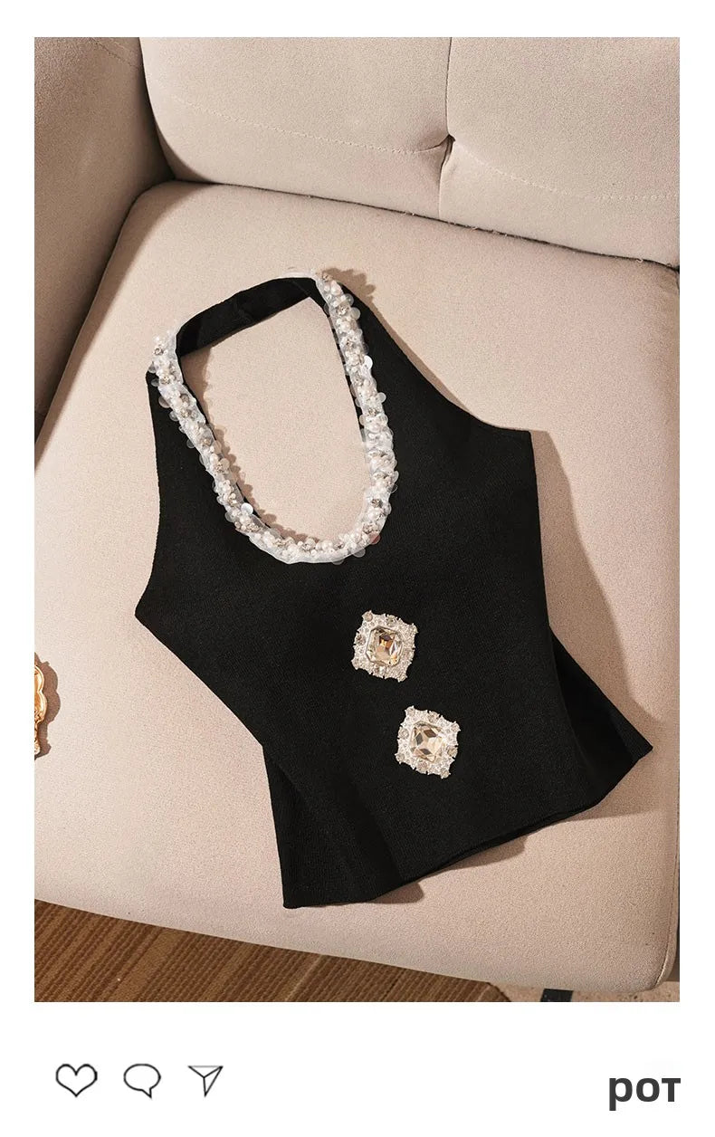 Heavy-Embroidered Diamond Backless Hanging Neck  Strap Vest Women Summer Slim Fit Short Spicy Sleeveless Black Top Women