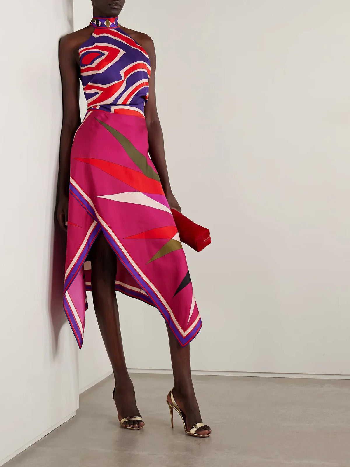 Women's Vintage Skirt Two-piece Set Summer New Printed Halter Suit Women Satin Irregular Skirt Two-piece Holiday Style Clothing