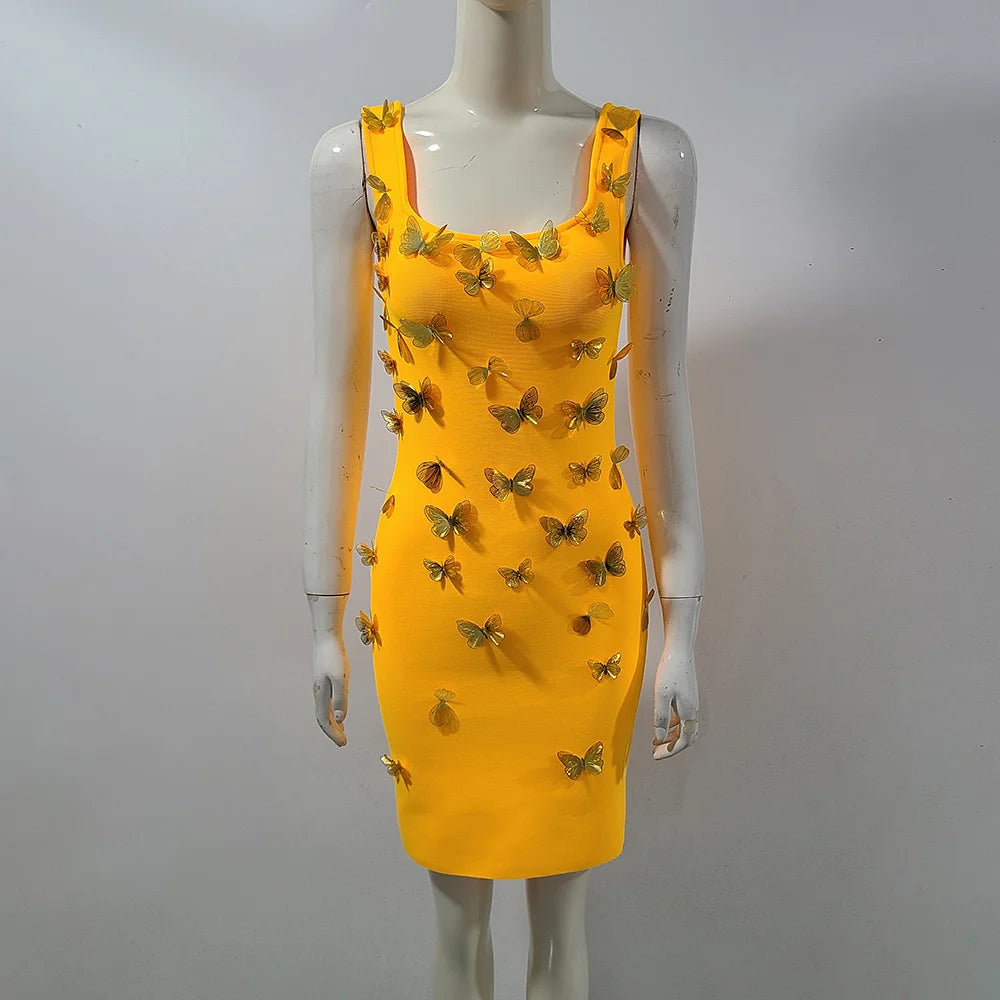Yellow Runway Mini Knitted Bandage Dress Women 3D Butterfly Sexy High Street Elastic Vestidos Mini Dress Party Club Lady Dresses