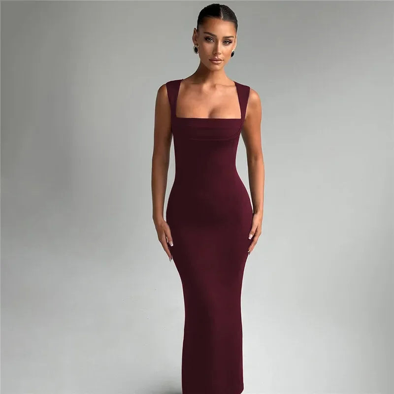 Square Collar Sleeveless Sexy Maxi Dress For Woman Fashion Spring Summer New High Waist Bodycon Club Party Long Dress - Shellss