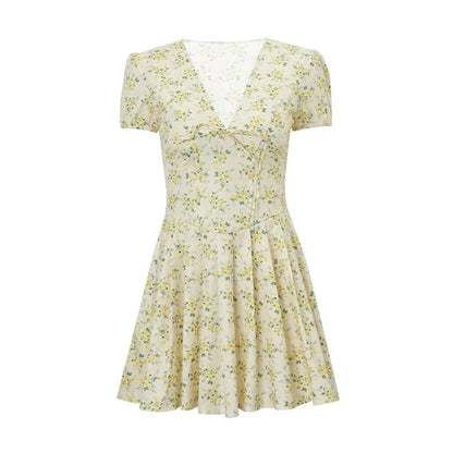 Yellow mini flowers V neck Mini