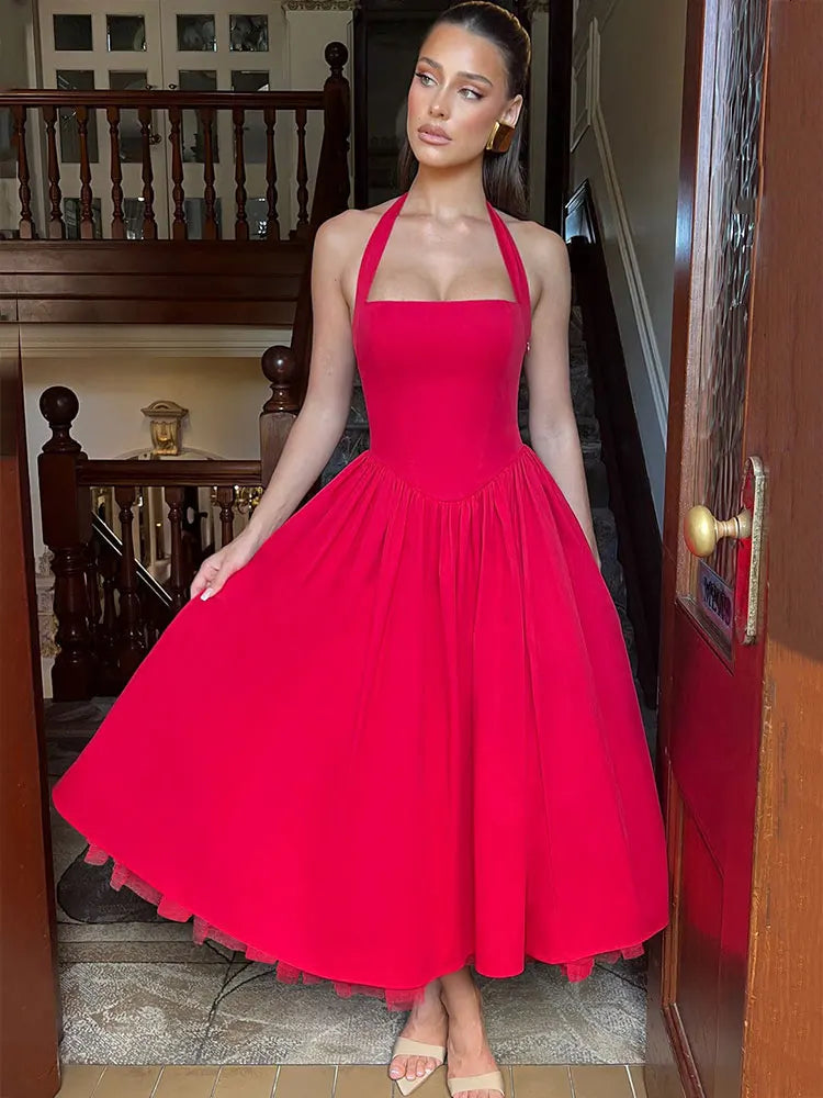 Red Midi Mesh Back Bandage Halter