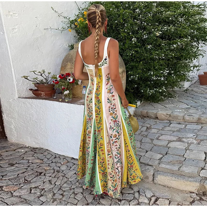 Women's Floral Print Linen Blend Maxi Dress Sweetheart Neckline Sleeveless Panelled Form With Contrast Floral Print