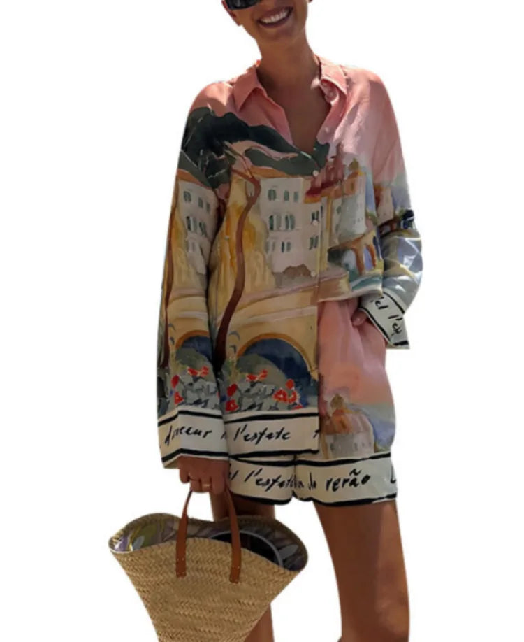 Ladies Fashion Casual Matching Outfit Daily Vacation Wear Women Autumn New Printed Shirt and Shorts Two Piece Set - Shellss