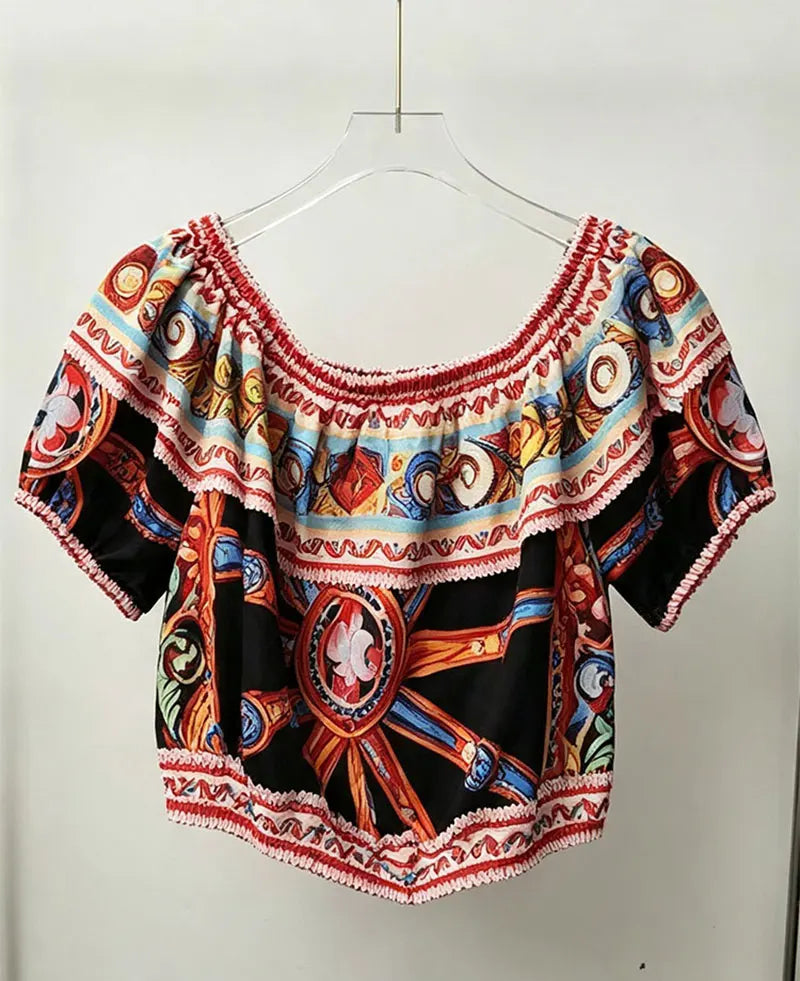 Summer New 2026 Printed Two-Piece Suit with One-Word Collar Sexy Waist-Exposed Top And Elastic Waist Slim Trousers for Holiday - Shellss