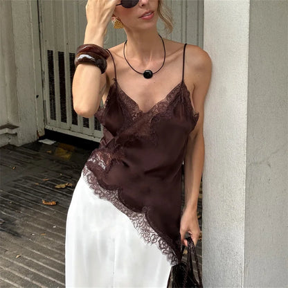 Lace Trim Satin Camisole V Neck