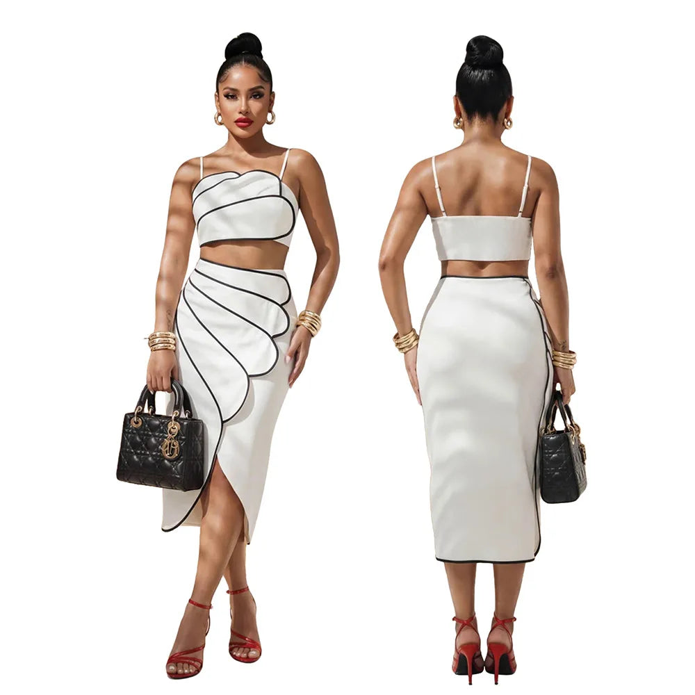 2 Piece Sets Tops And Skirt Elegant Women Sleeveless Sexy Midi Dress Fashion Evening Ladies Street Party Vestidos Summer