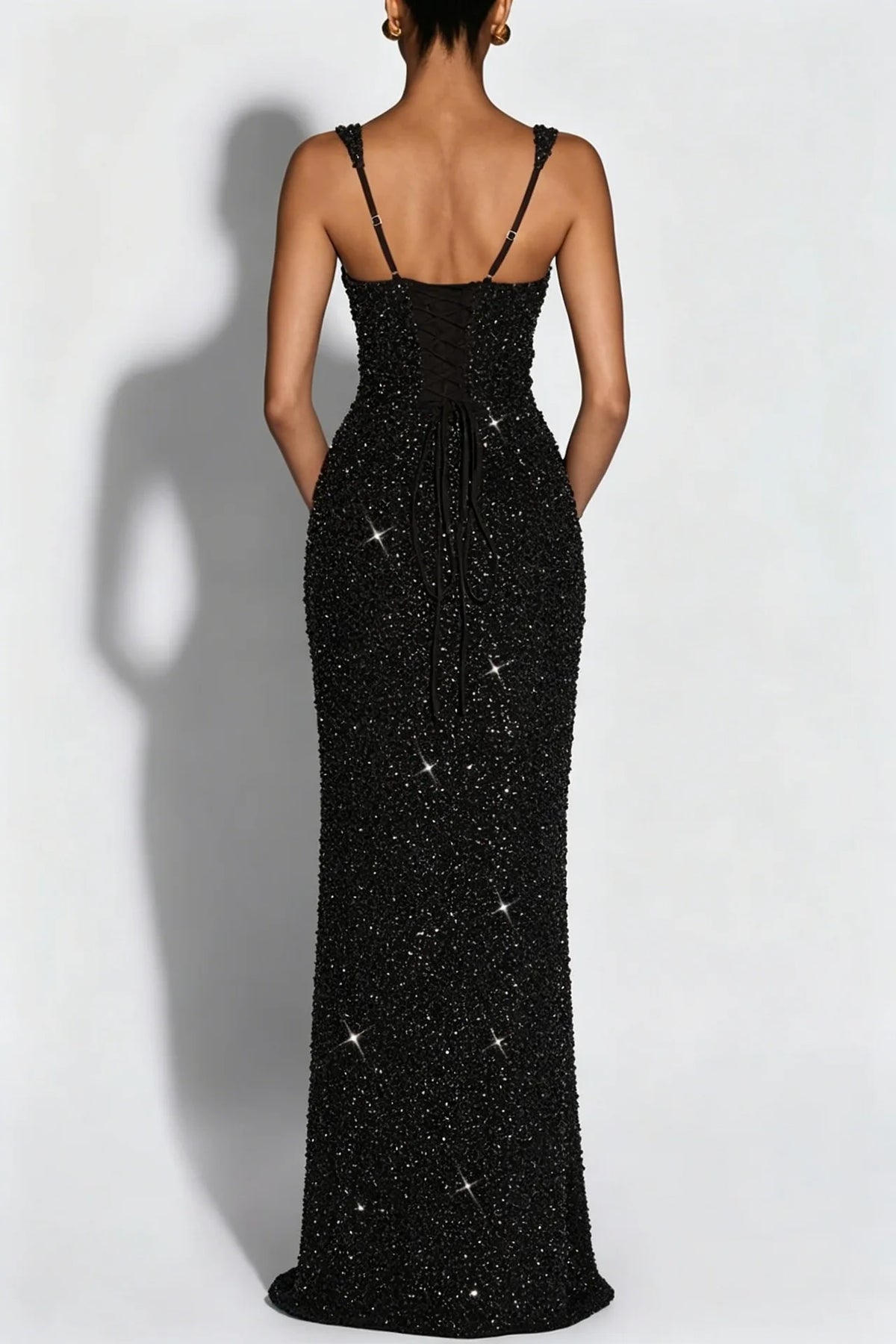 Women European American Sequin Cami Dress Sleeveless Tie Slim Fit Cocktail Party Evening Gown