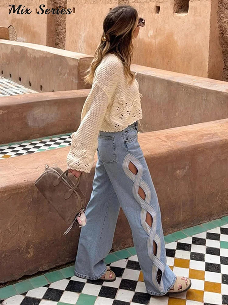 Fashion Side Hollow Out Jeans Women's High Waist Straight Leg Denim Pants 2026 Summer New Lady Trendy Casual Streetwear