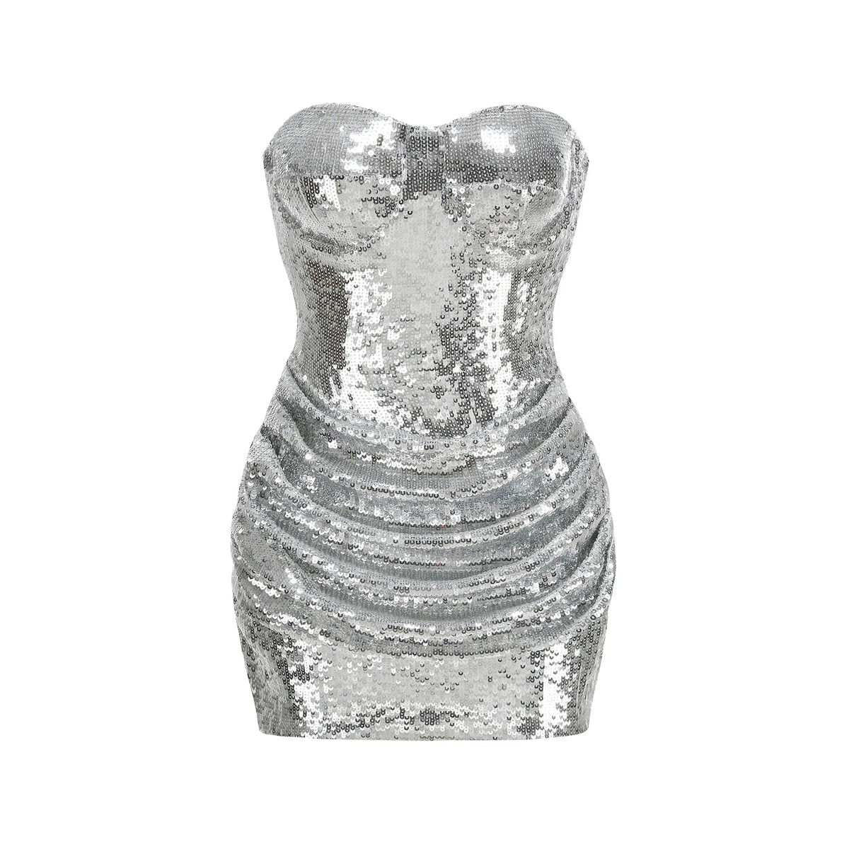 New Silver Sequined Strapless Dress with Fish Bones Waist Cinching Folded Hips Short Skirt Slim Fit Sexy Party Evening Dress