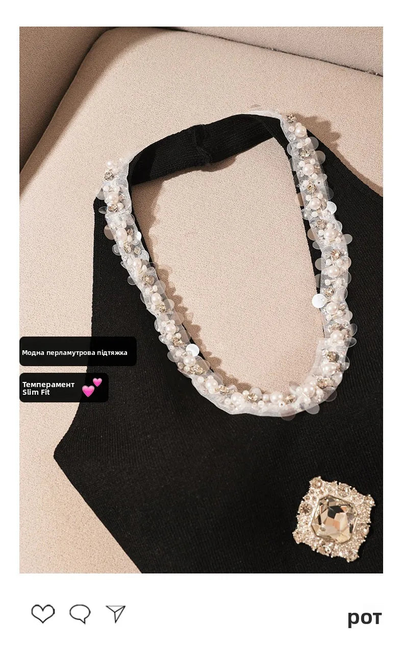 Heavy-Embroidered Diamond Backless Hanging Neck  Strap Vest Women Summer Slim Fit Short Spicy Sleeveless Black Top Women