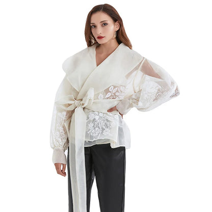 Embroidered Lapel Blouse