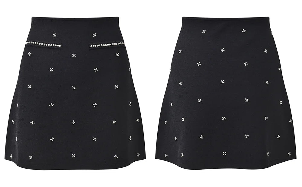 Sandro Summer New French Style Heavy Beaded Slim Fit Black Round Neck Sleeveless Top + Skirt