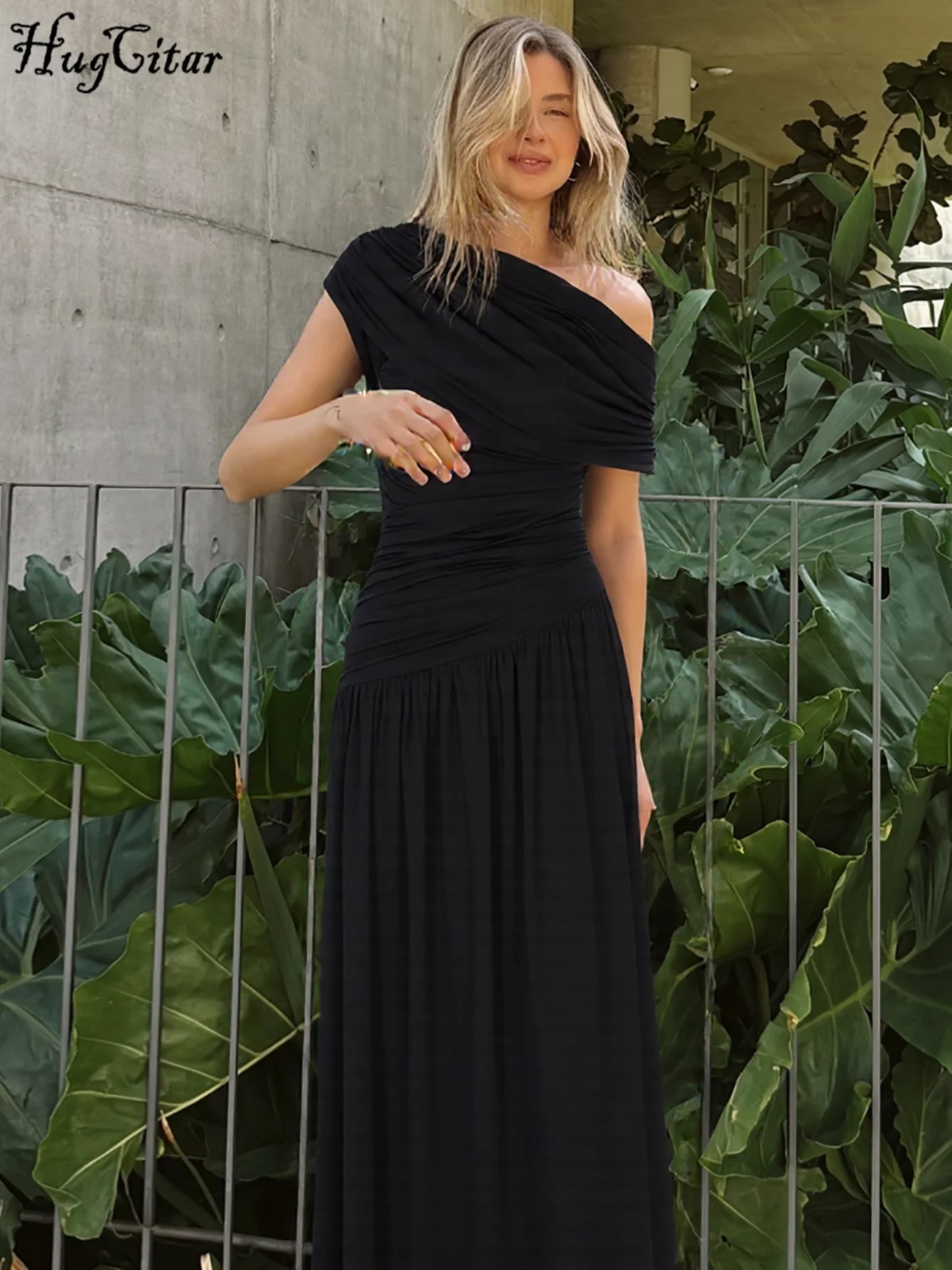 Hugcitar One Shoulder Ruched Sleeveless Solid Pleated Sexy Irregular Y2K Maxi Dress Summer Elegant Party Women Clothes Vacation - Shellss
