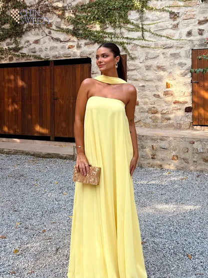 Yellow With Scarf Off Shoulder Backless