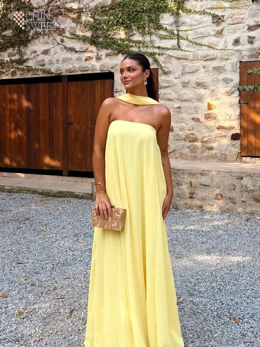 Yellow With Scarf Off Shoulder Backless