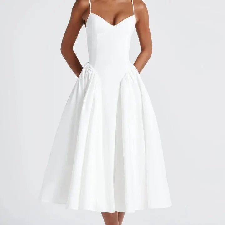 Summer Autumn Irregular Strapl Long Dr Women's Pure Color Svel ter Ne Gown French Sle Waist Cinched A-Line... - Shellss