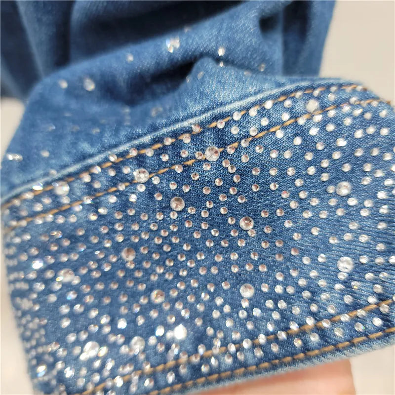 Women Hot Drilling Diamonds Beaded Denim Shirts Spring Sequined Rhinestones Jeans Blouses Jacket Long Sleeved Cardigan Tops 2024