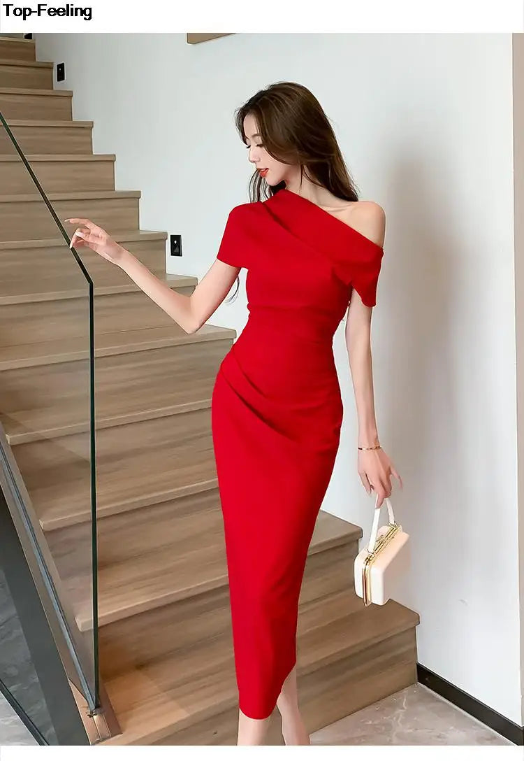 Elegant Off Shoulder Evening Party Dresses ONE SHOULDER DROP SHOULDER red