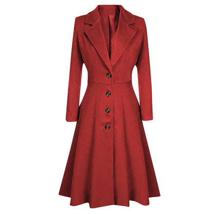 Long Trench Coat Winter Lapel Button Jacket Slimming Waist Pleated Hem