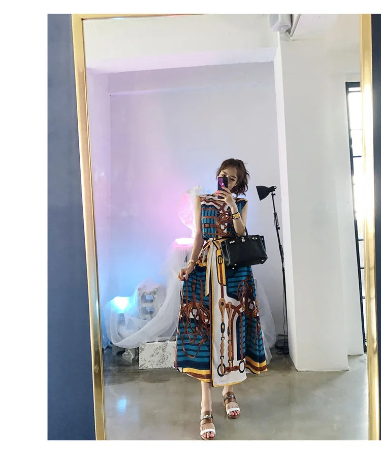 H Han Queen Hot Sales Korean Women's Summer Sexy Prints Work 2 Pieces Set Sleeveless Tops & A-Line Long Skirt Korean Skirt Suit