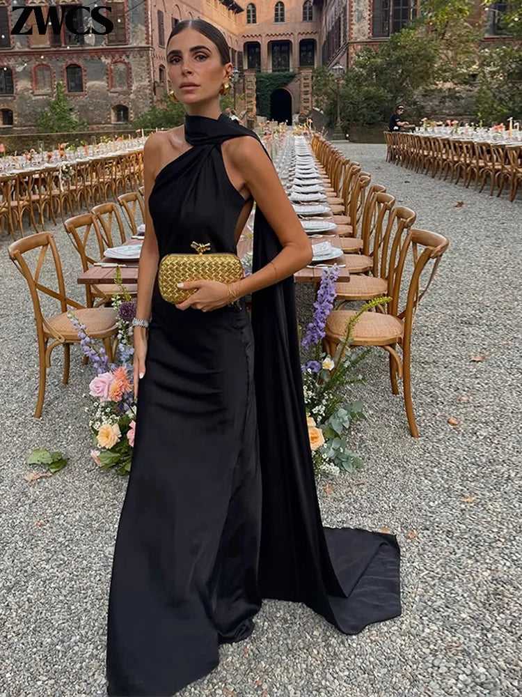 Elegant Satin Ribbons Halter Party Dress