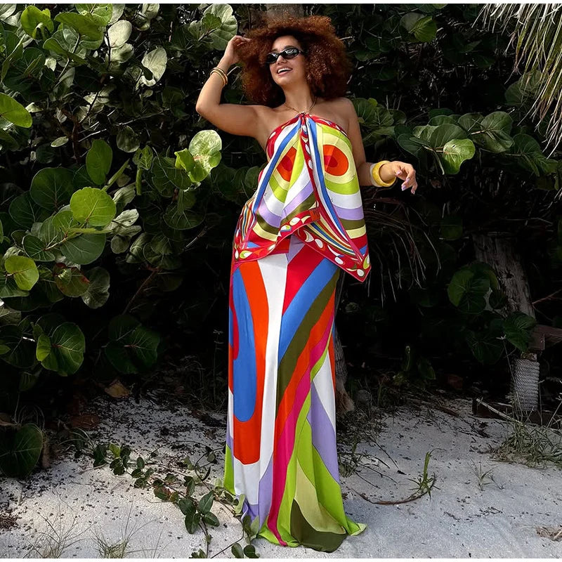 Fashion Printed Halter Vest Skirts Sets Women's Sleeveless Backless Tops Floor-length Skirt 2025 Summe New Beach Vacation suit