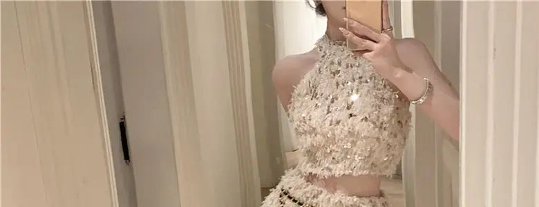 Summer New Little Fragrance Style Hot Girl Tassel Bright Particle Top Bodycon High Waist  Skirt Two Piece Set Women