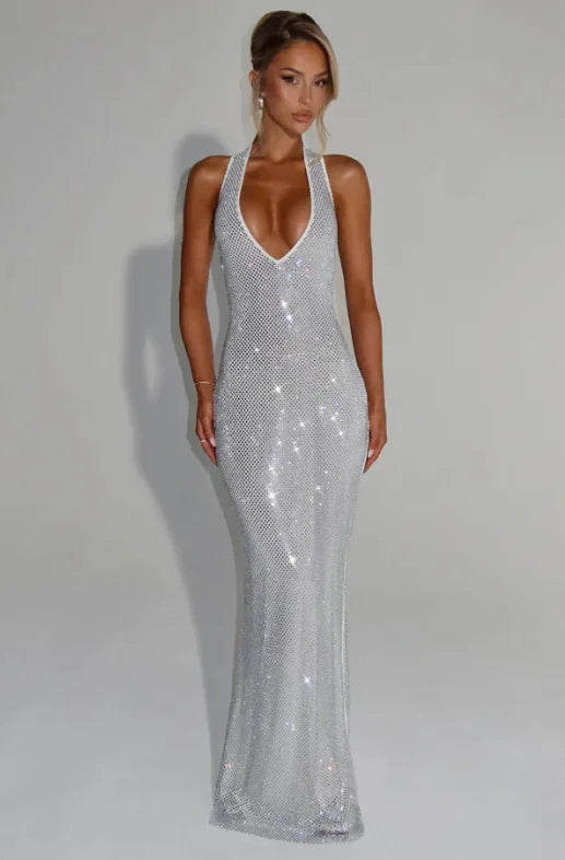 Backless Sequin Nightclub Sexy Party Dress Women Halter  Spring Summer Dress Slim Bodycon Maxi Long Dresses