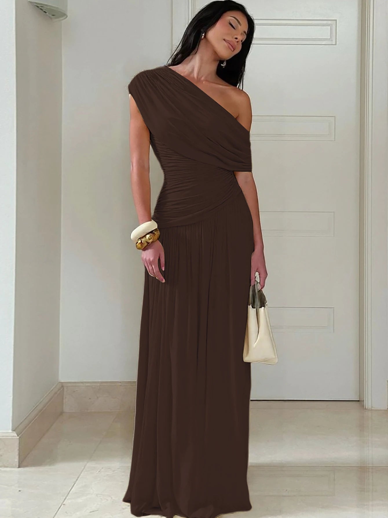 Hugcitar One Shoulder Ruched Sleeveless Solid Pleated Sexy Irregular Y2K Maxi Dress Summer Elegant Party Women Clothes Vacation - Shellss