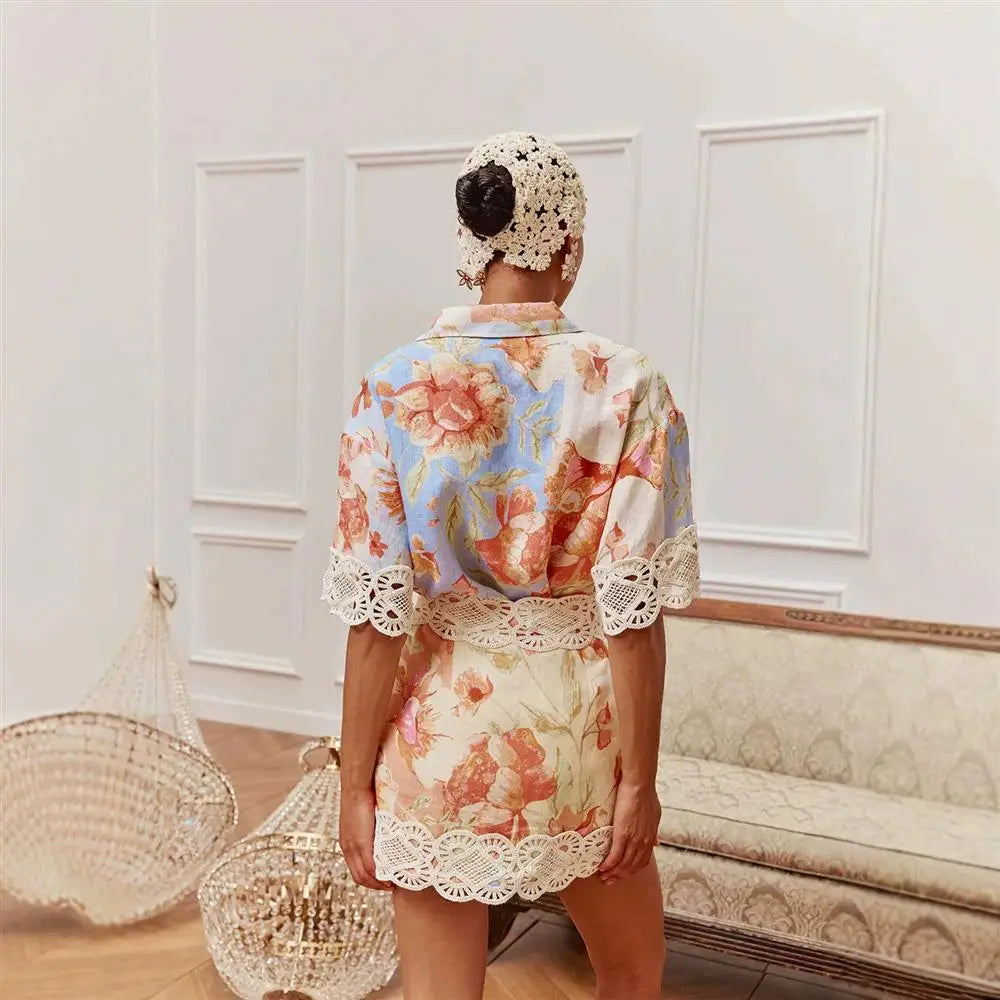 VACAY 2026 Women's Floral Lace Shirt Short Skirt Set Casual Three-Piece Suit European Style Three-Quarter Sleeve Plant Floral... - Shellss