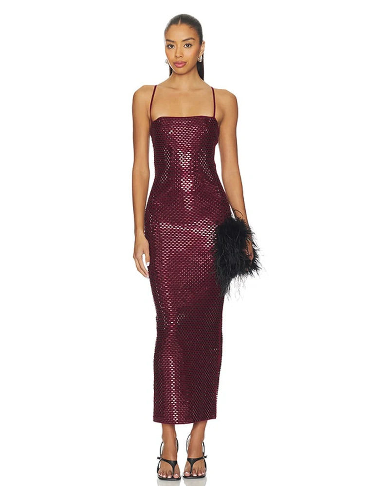 Burgundy Sequin Spaghetti Strap Midi Dress Bodycon Sparkly Evening Party Cocktail Formal Dress Women's Slim Fit Backless Gown