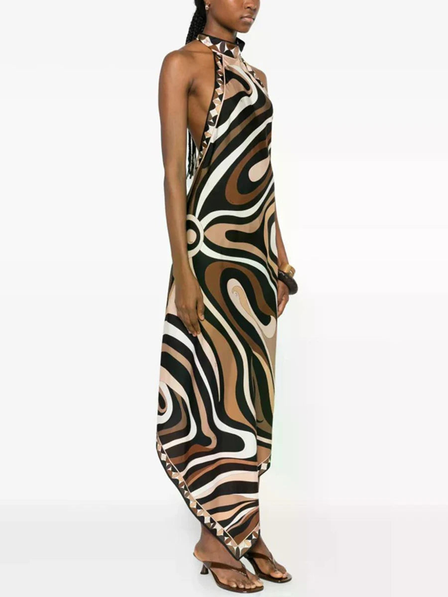 TWOTWINSTYLE Solid Loose Spliced Printing Chic Dresses for Women Halter Sleeveless Vintage Sexy Dress Female Summer Fashion New