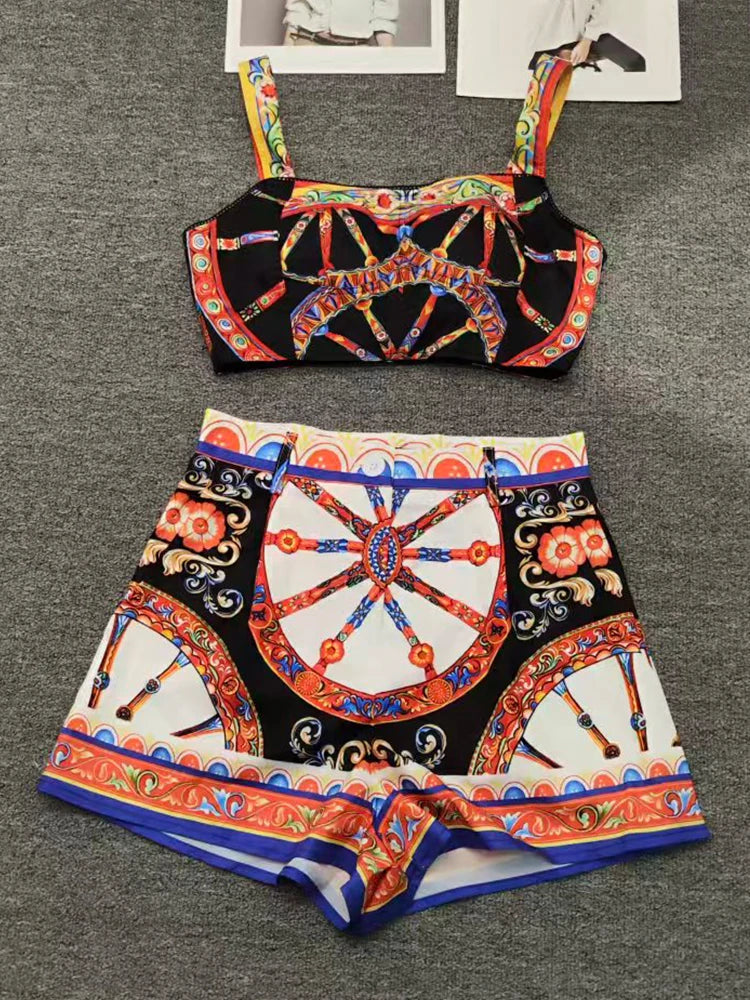 Designer retro geometric print tube top pullover shirt top two-piece set 2026 summer women's clothing + shorts hot pants suit - Shellss