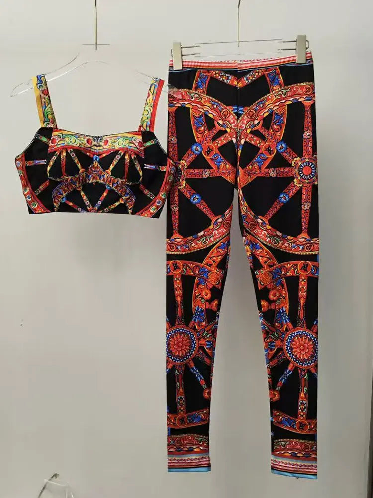 Summer New 2026 Printed Two-Piece Suit with One-Word Collar Sexy Waist-Exposed Top And Elastic Waist Slim Trousers for Holiday - Shellss