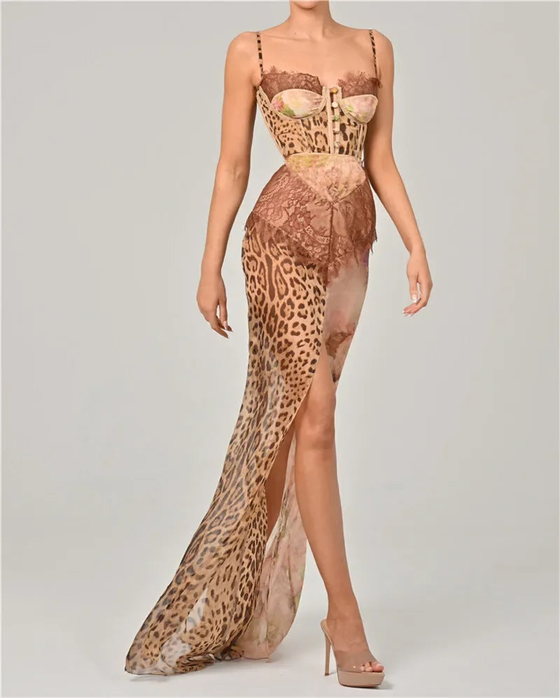 Summer Strap Leopard Lace Split Sexy Long Dress Women's Elegant Patched Chiffon Sleeveless Backless Beach Evening Dress - Shellss