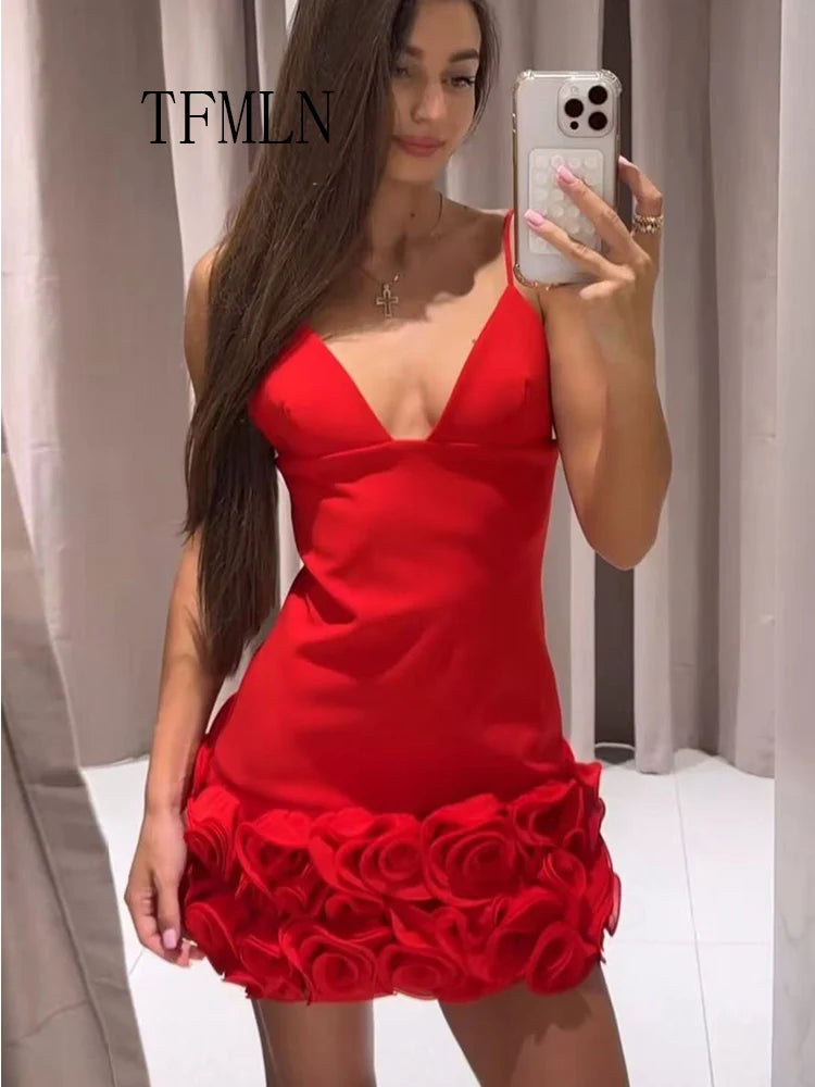 Red 3D Flower Party Mini Dress