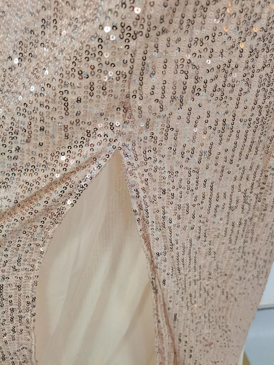 TWOTWINSTYLE Solid Slimming Fashion Dresses for Women Strapless Sleeveless Patchwork Sequins Midi Split Dress Female Clothing