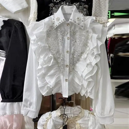 Neploe Heavy Beading Sequin Wing Shirt for Women 2024 New Lapel Neck Black Blouses Y2k Long Sleeve Ruffles Blusas Mujer