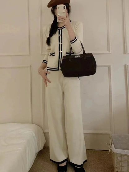 Strick-Cardigan + Hose mit weitem Bein, gestreift, lässig, 3-teiliges Set