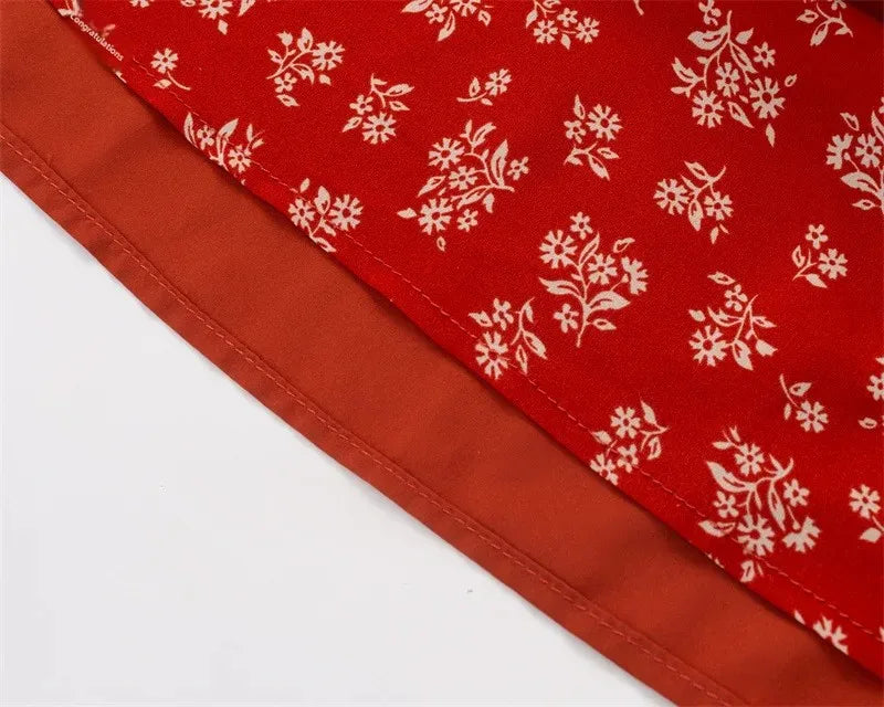 French Vintage Red Floral Print Dress