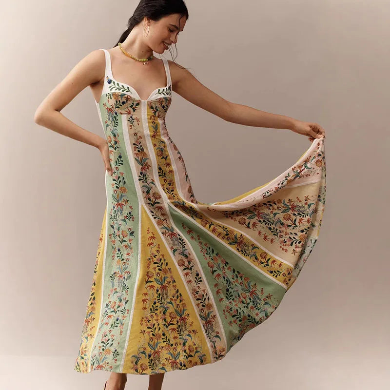 Women's Floral Print Linen Blend Maxi Dress Sweetheart Neckline Sleeveless Panelled Form With Contrast Floral Print
